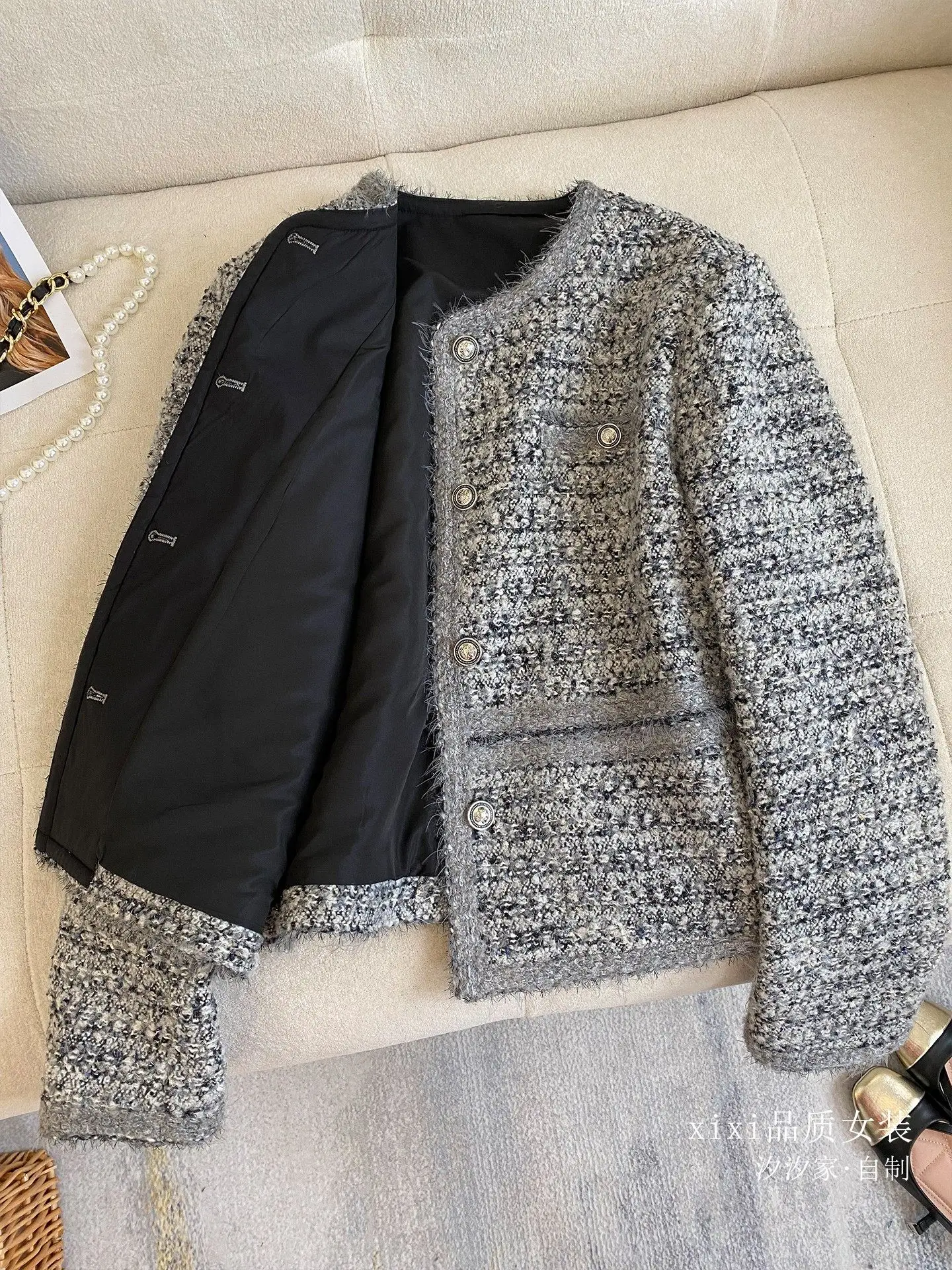 New Grey jacket high-end retro shiny silk wool coarse floral woolen top coat