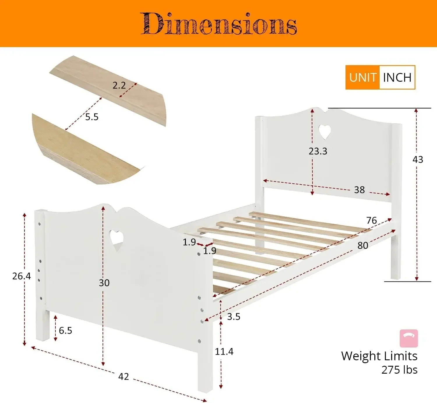 Solid Wood Twin Bed Frame for Girls,White Twin Princess Platform Bed Frame,with Headboard/Footboard/Wood Slat Support,No Box