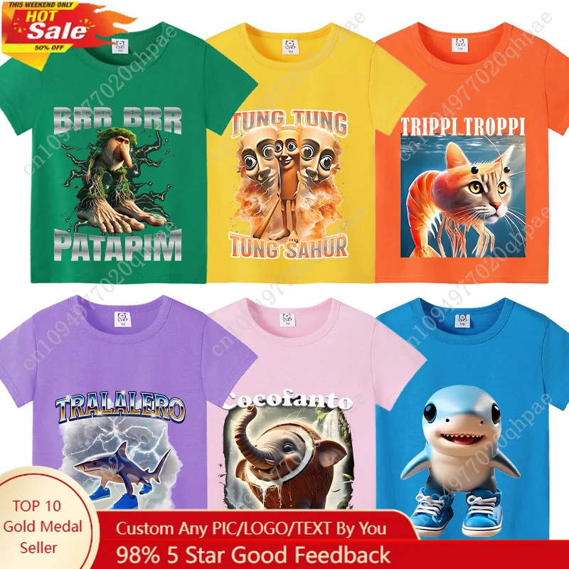 الإيطالية Brainrot الاطفال تي شيرت الطفل تونغ تونغونغ الصحور قصيرة الأكمام أعلى الصبي Telala مضحك القرش موضة فتاة ملابس كاجوال هدية #1