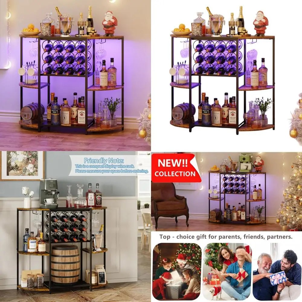 

LED-Illuminated Wine Bar Cabinet with Storage, Mini Rack, and Glass Holder - Rustic Brown Home Bar Cart for Kitchen, Dining, Liv