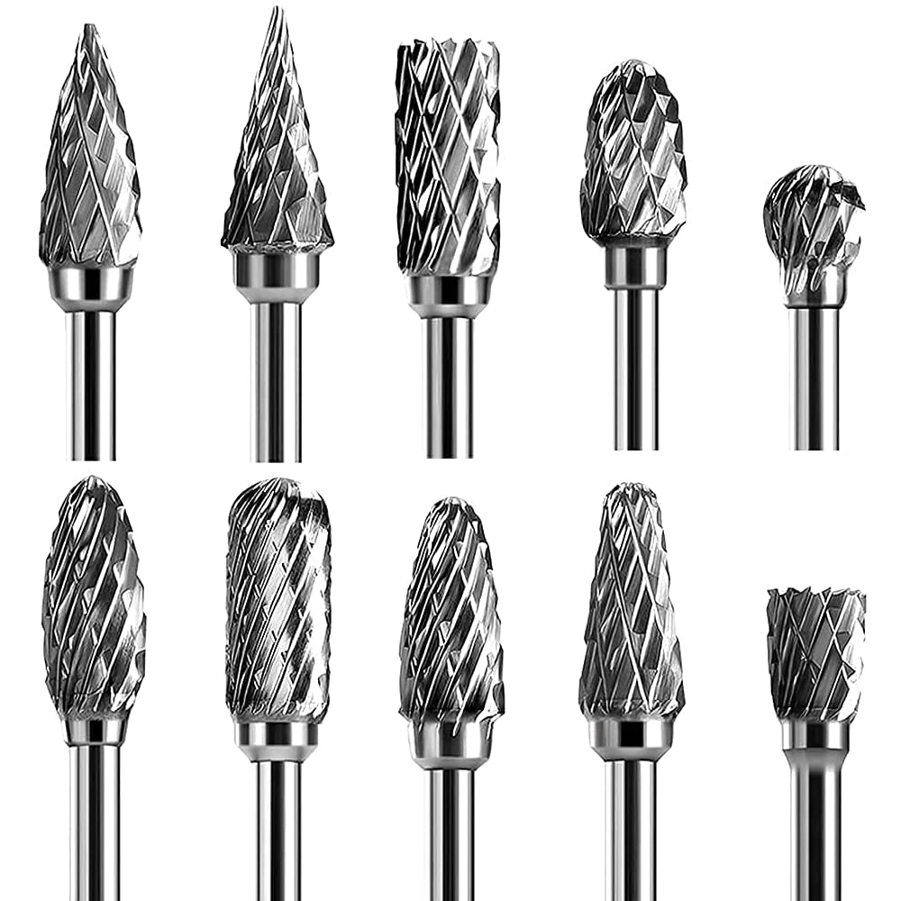 Tungsten Carbide Rotary Burr 10pcs Carving Burr Bits Double Diamond Cut Dremel Tools for Wood Stone Carving Steel Metal Working