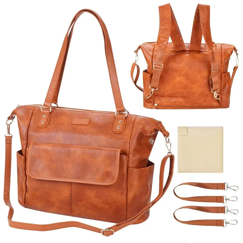 Large Leather Diaper Bag Backpack with Thermal Insulation Pocket Travel Tote for Mom Baby Care Organizer Multi function