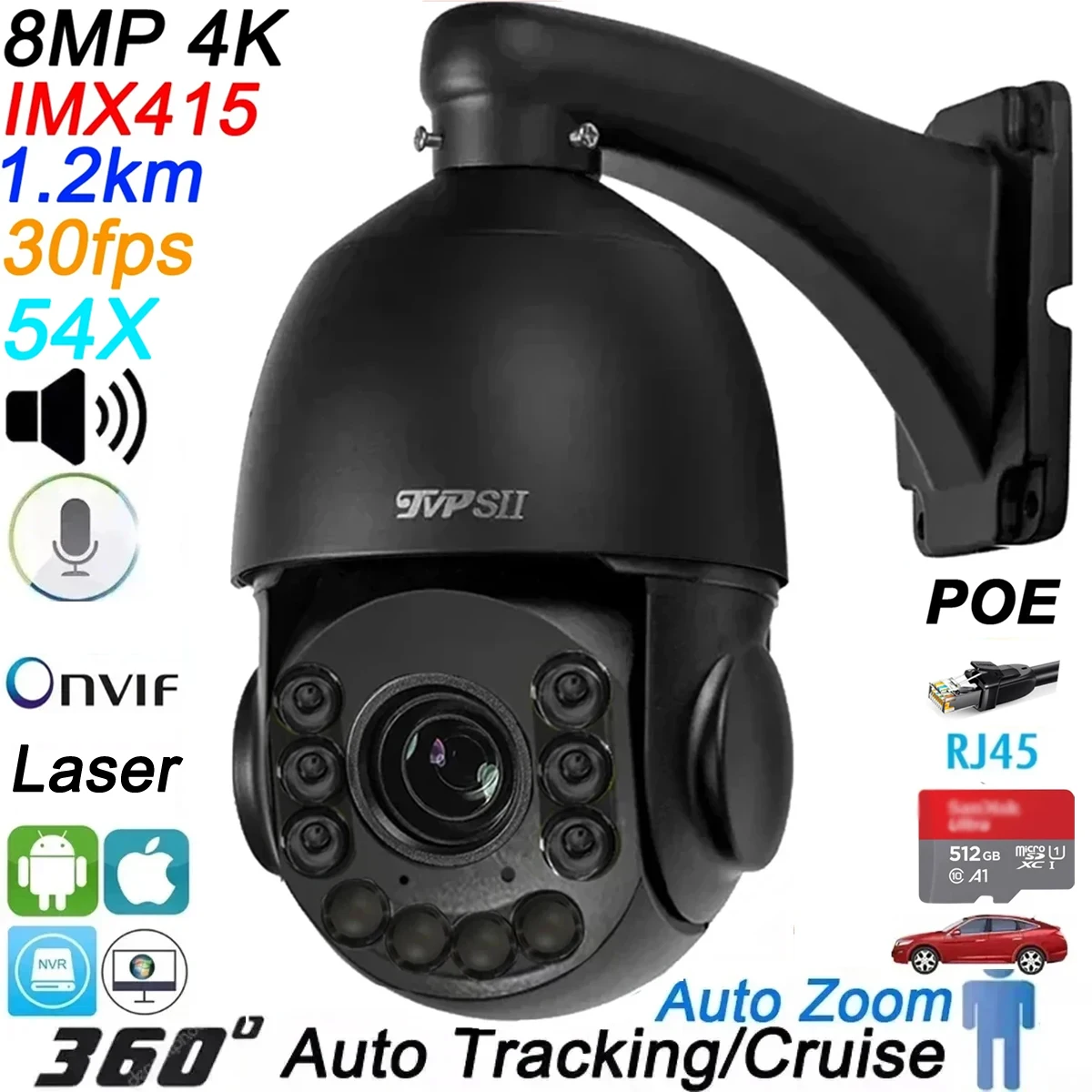 

Laser Infrared Leds Metal Black Auto Tracking 8MP 4K 54X Optical Zoom 360° Audio ONVIF POE PTZ IP Surveillance Speed Doom Camera