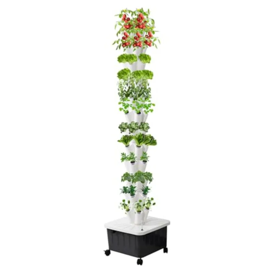 

Vertical Hydroponic Grow Tower Aeroponic for Fruits Vegetables 12 Layer 60 Plant Sites with Movable Water Tank Hydrating Pump A