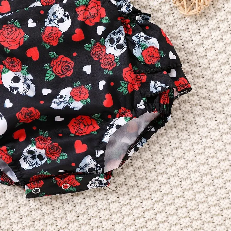 Summer Newborn Baby Clothes Rose Skull Pumpkin Sweetheart Flying Sleeves Triangle Romper Jumpsuit