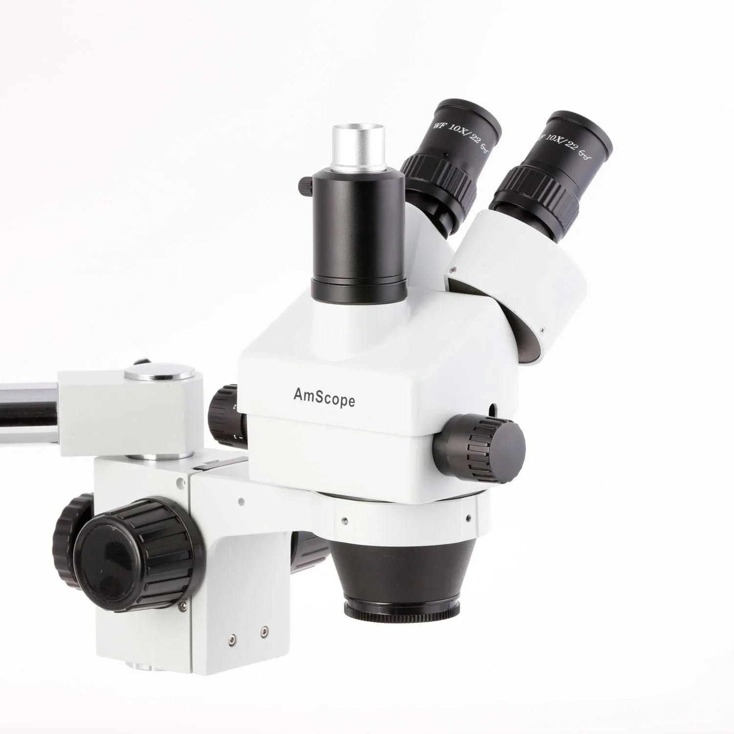 AmScope Simul-Focal Lockable Zoom Trinocular Stereo Microscope 7X-45X Magnification on Single Arm Boom Stand or in black