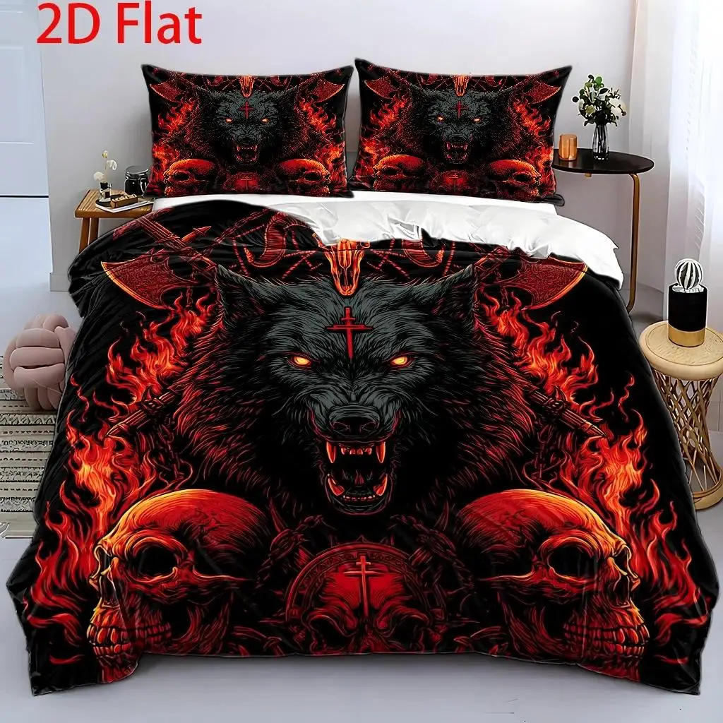 3Pcs Duvet Cover Set, 1Pc Duvet Cover and 2Pcs Pillowcases (No Filling) 2D Flat Printing, Red Wolf Head Flame Theme, Dark Gothic