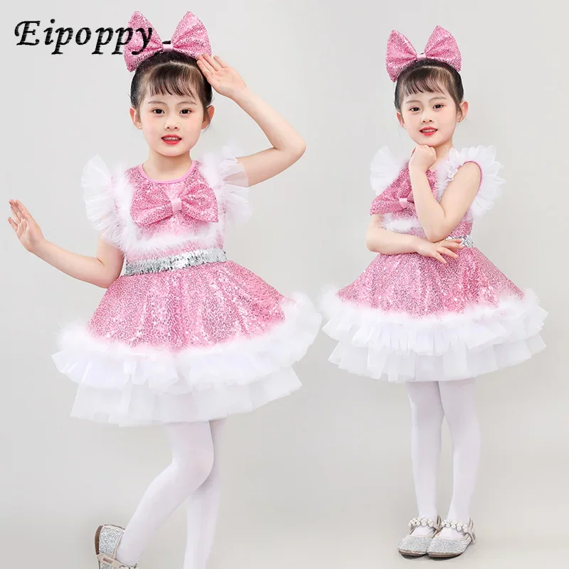 Children's Sequined Costume Kindergarten Costumes Girl Pink Cute Tulle Tutu Skirt Princess Dress