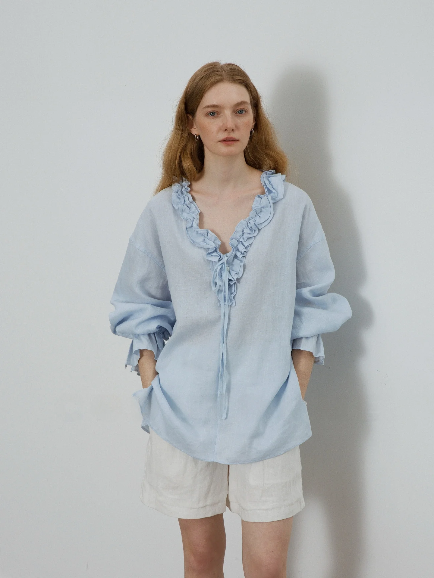 

COUNTONME Женская льняная блузка ручной работы с V-образным вырезом и поясом, свободного кроя, в романтическом стиле, 100% лен, французский стиль