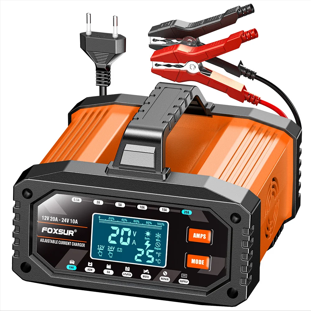 FOXSUR 0.5A-20A Portable ATV Motorcycle Car Battery Charger 12V24V Lithium AGM GEL Lead-Acid LiFePO4 Smart Battery Chargers