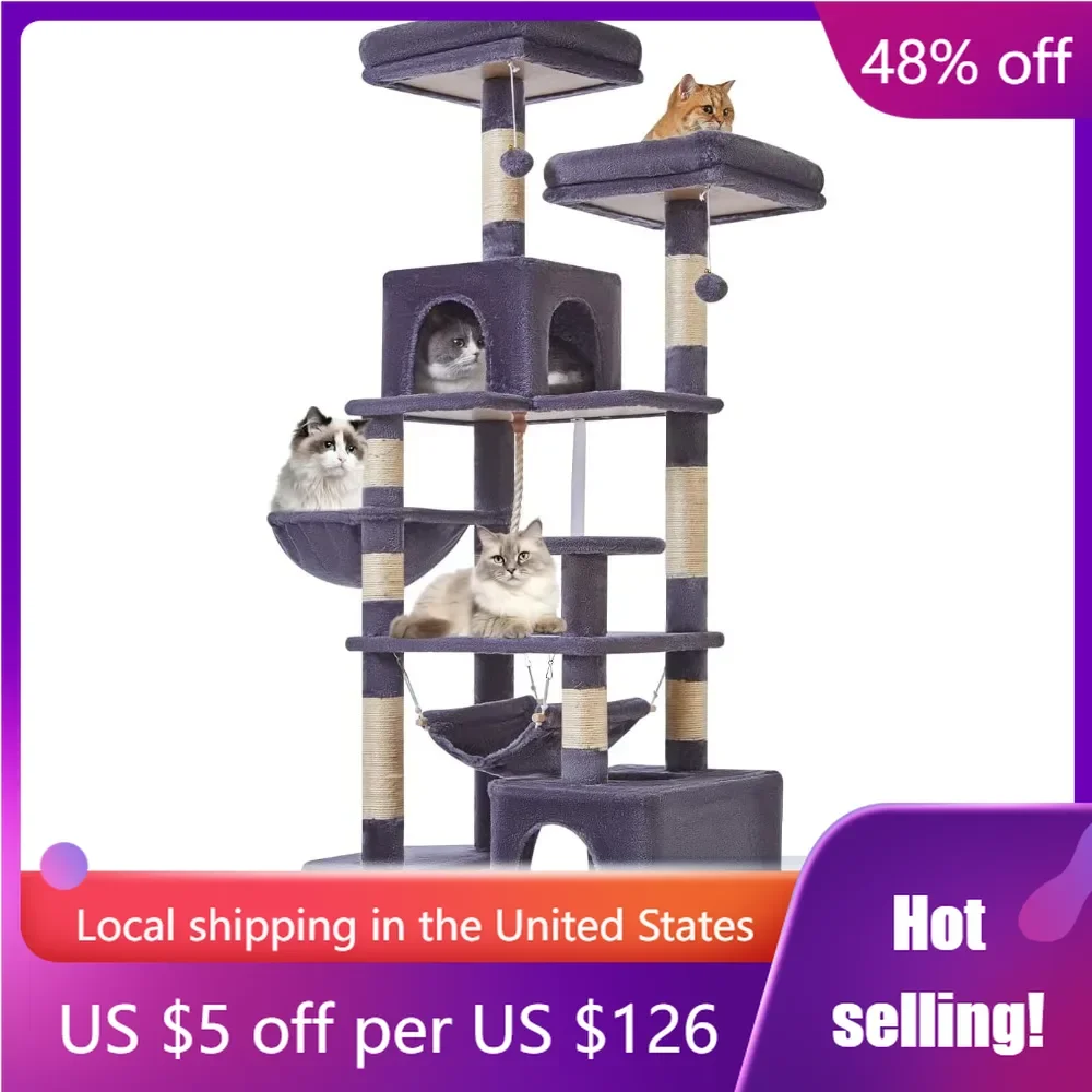 

71-Inch Cat Tree for Indoor Cats, Plush Multi-Level Cat Condo with 10 Scratching Posts, 2 Perches,2 Caves,Hammock, Smoky Gray