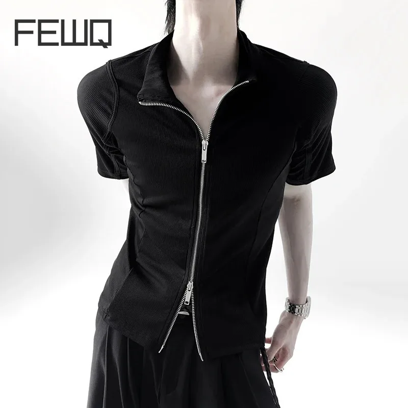 FEWQ قمصان رجالية على الطراز الكوري بياقة واقفة وسحاب تصميم بلون سادة من الحرير الجليدي وأكمام قصيرة سريعة الجفاف تي شيرت رجالي نحيف 24K4391 #1