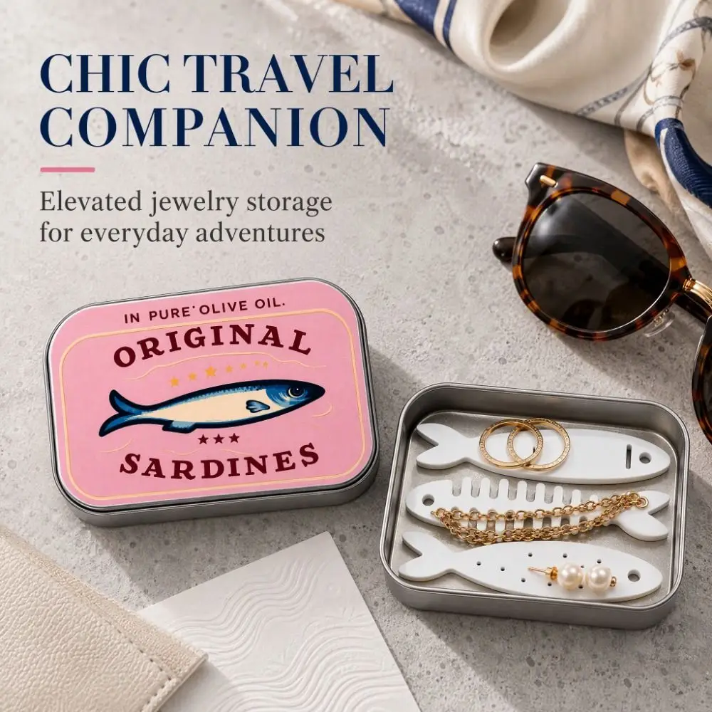 3D Printed Sardine Tin Jewelry Box Fishbone Insert Lightweight Jewelry Organizer Portable Compact Fish Bone Jewelry Box