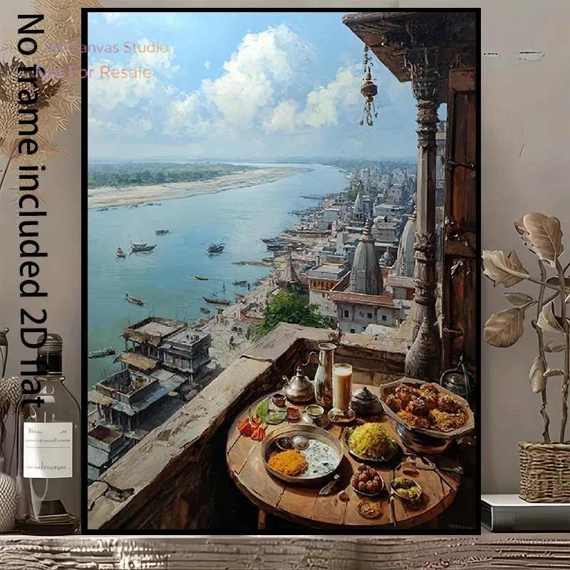 2D Flat, 2D Flat, 1pc of Decorative Canvas Art Titled 'Ancient Charm by The Riverside: Indian Culture And Culinary Feast in C