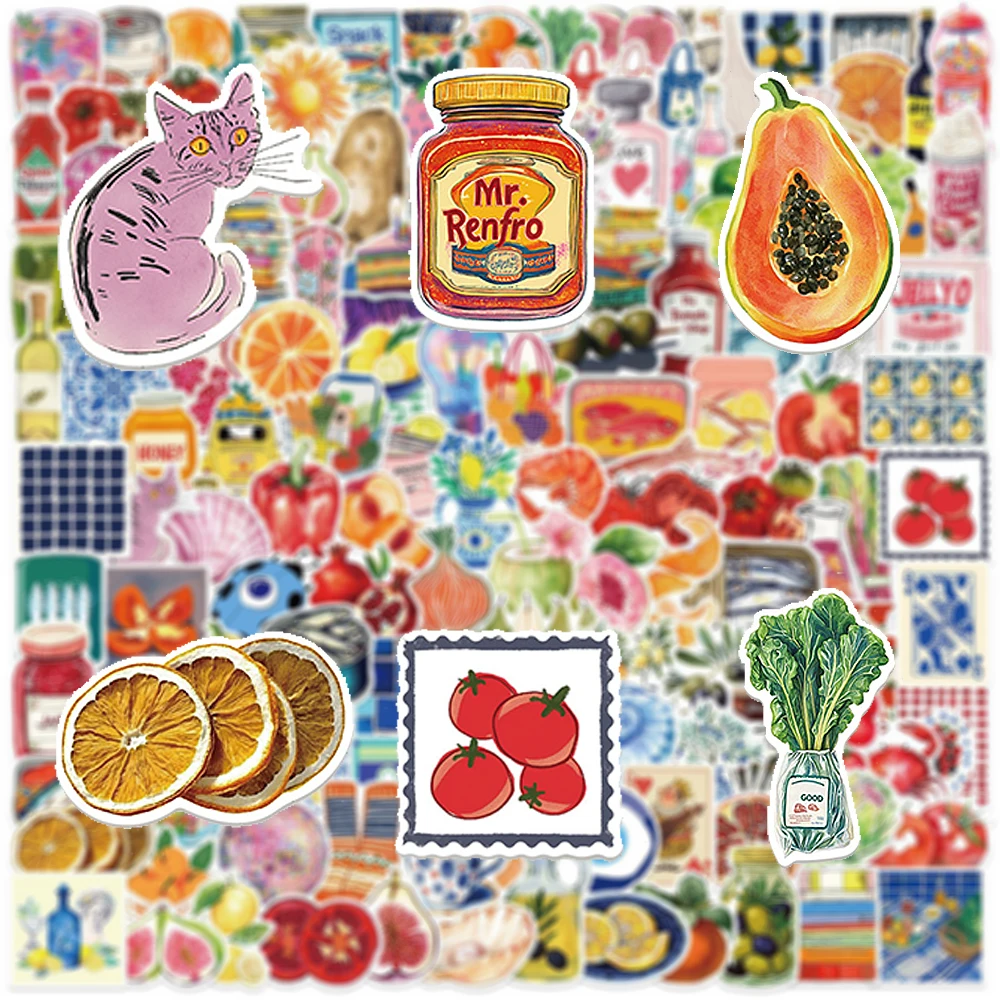 

10/50/100/150pcs Vintage Mediterranean Tomato Food Aesthetic Stickers Cartoon Toys Decals for Suitcase Guitar Waterproof Sticker