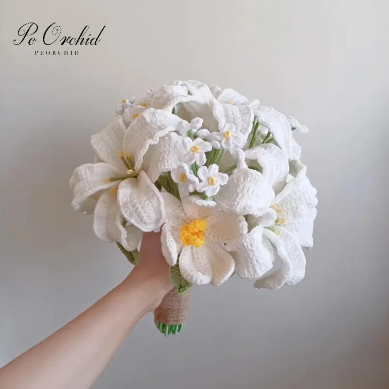 

PEORCHID вязаный крючком свадебный букет, роскошный белый букет невесты ручной работы с цветами-тюльпана, лилия 2026 Ramos De Novia