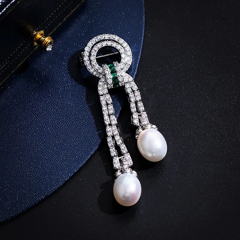 Asymmetrical Zircon Ribbon Brooch Elegant Freshwater Pearl Geometry Broche for Woman's Clothing Accessories