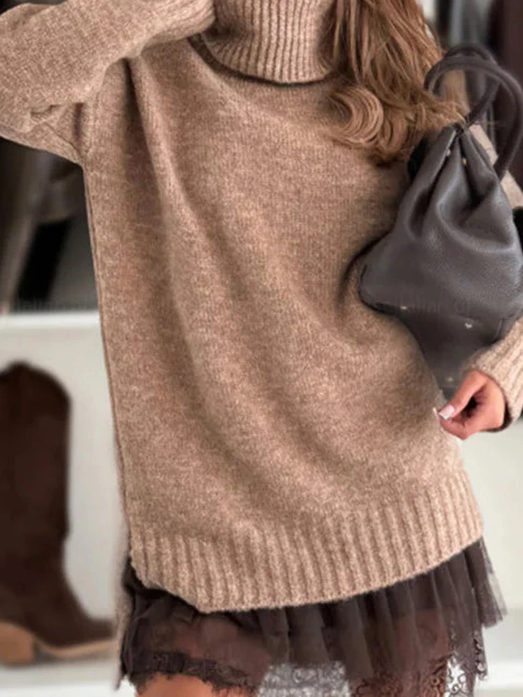 Top in maglione di colore puro retrò e set di abiti alla caviglia Set di pullover lavorati a maglia a maniche lunghe con collo alto casual Set da pendolarismo Set di abiti in pizzo da donna