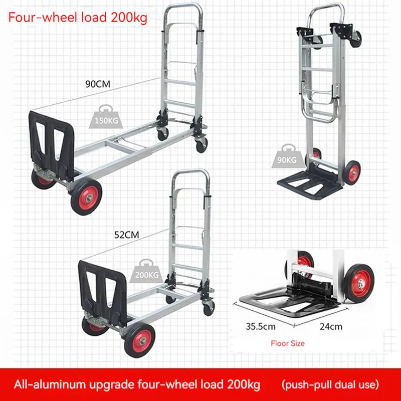 Wheel Hand Pulled Luggage Cart Shopping Express Logistics Cart All Aluminum Flat Plate Handling Cargo Trolley Folding Four