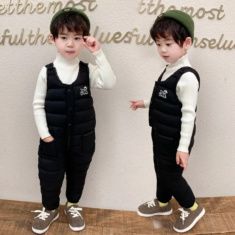 Winter Down Cotton Pant Solid Color Children Clothing for Girls Warm children outdoor clothes Jumpsuit Thickened Bib Kid Clothes