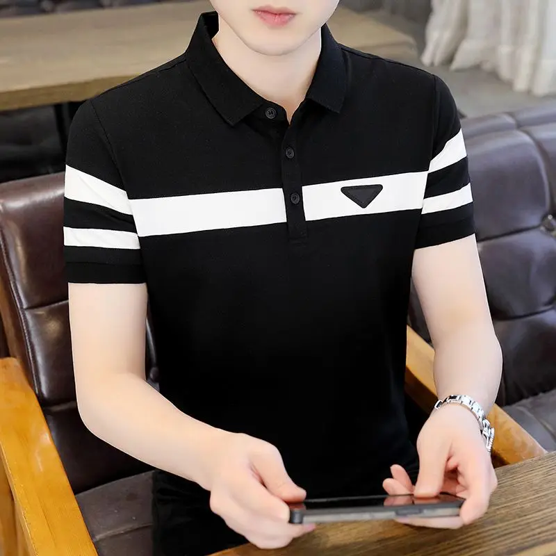 

Summer Polo-Neck Fashion Button T-shirts Basic Contrasting Colors Men's Clothing Short Sleeve Slim Casual Spliced Polo Shirts