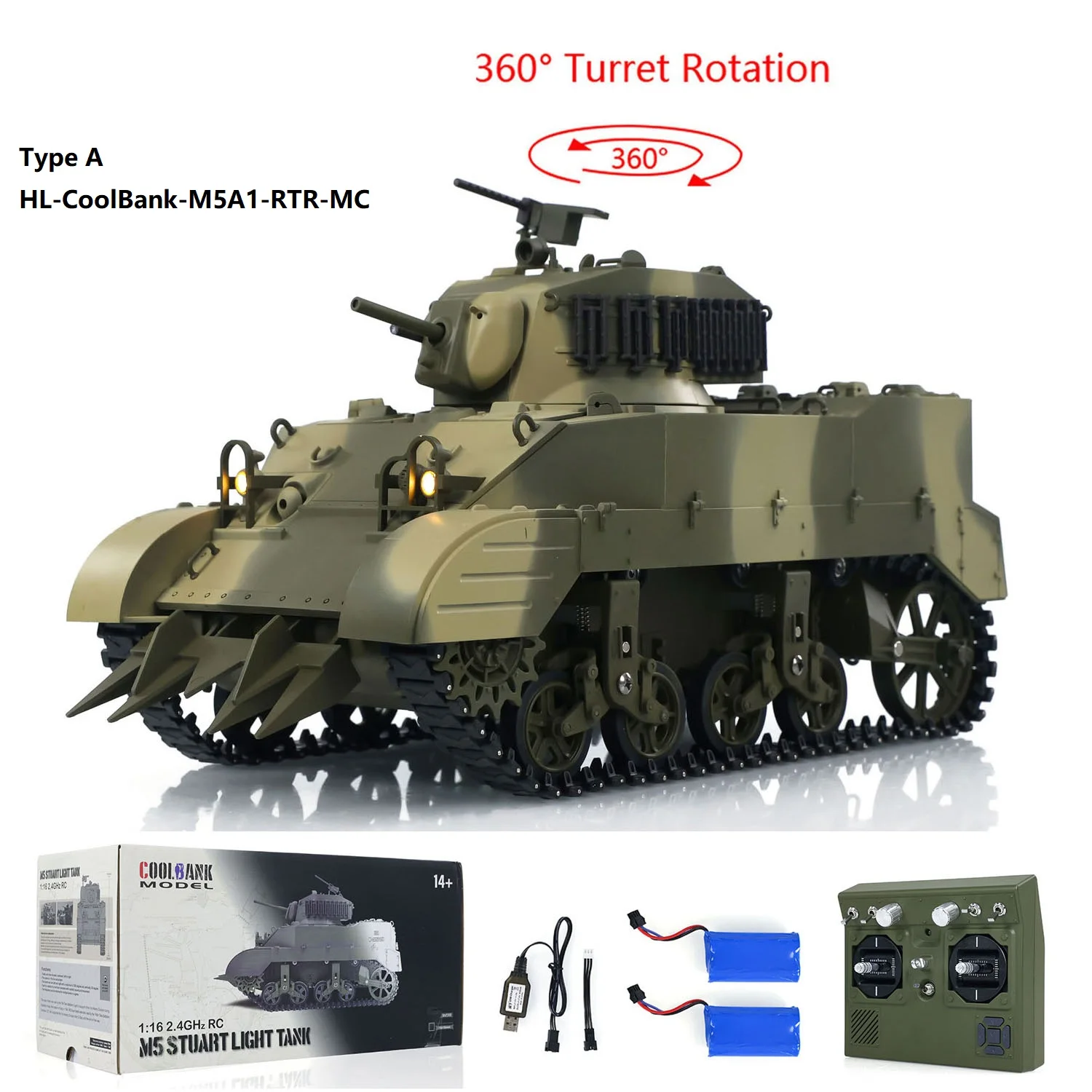 

RC Tank Heng Long Three Types M5A1 Stuart VI 2 Battery 1/16 Remote Control RTR 360 Rotated Painted Assembled Light Tank Smoking