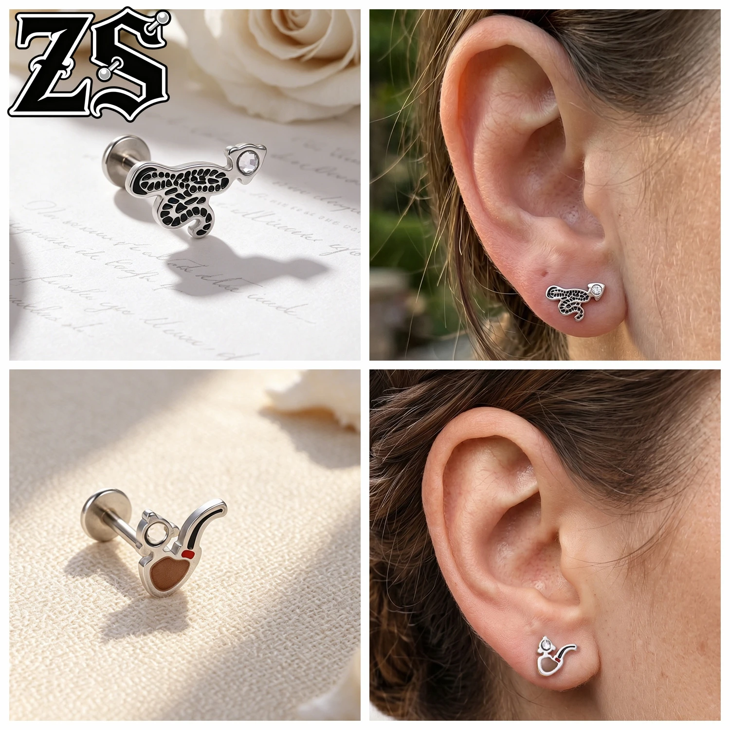 ZS 18G 1 Piece/1 Pair Stainless Steel Ear Lip Studs Internal Thread Stud Earrings Longhorn Hat Labret Lobe Helix Tragus Piercing