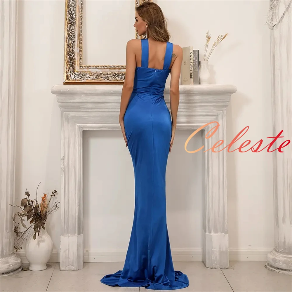 Vestidos de Noche de satén azul brillante de sirena personalizados, vestidos de fiesta sin mangas con cuello Halter a la moda, vestido de fiesta de cola de corte