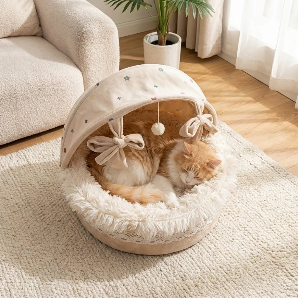 Dog Nest Mat Warm Cozy Pet Cradle Nest Breathable Removable Pet Princess Bed Soft with Toy Ball Cat Cave Bed for Cats Dogs
