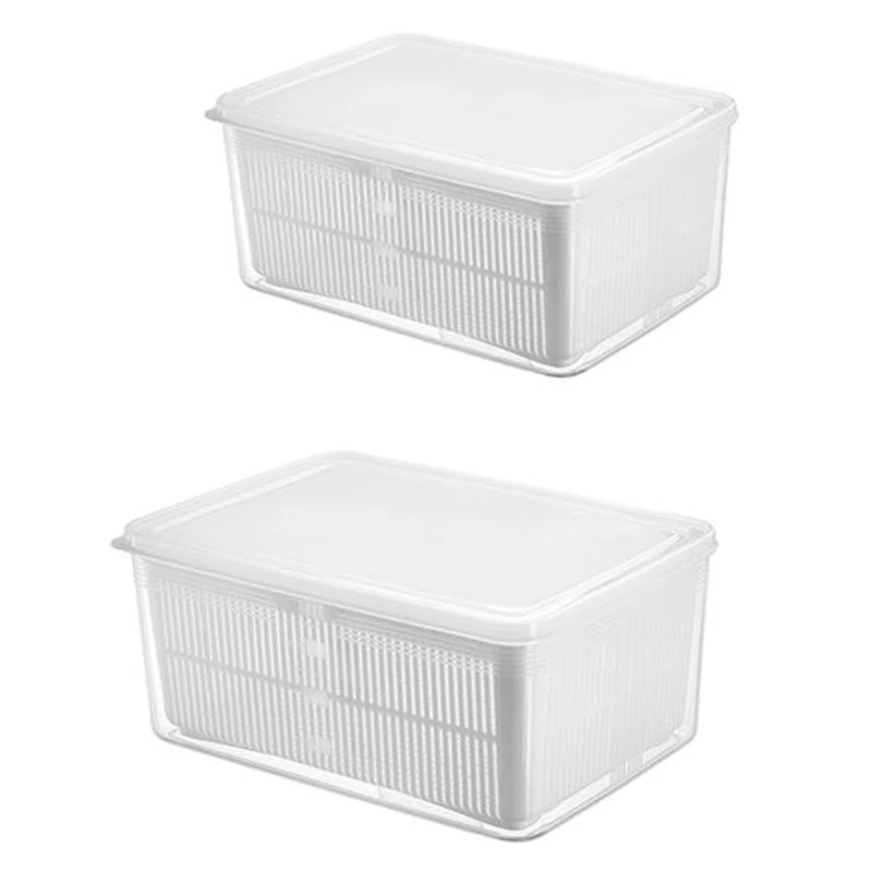 

BEAU-Kitchen Storage Box Refrigerator Drain Crisper Multifunctional Plastic Basket Container With Lip Keep Fresh 2 Pack