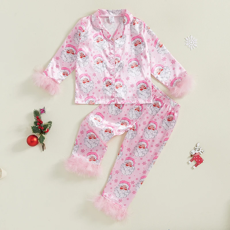 Baby Girl 2Pcs Christmas Pajamas Long Sleeve Feather Trim Shirt Pants Set Toddler Sleepwear