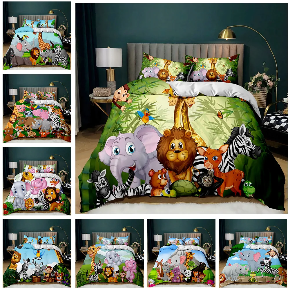 Elephant Comforter Cover Cute Cartoon Animal Paradise Bedding Set For Boys Girls Kids 3D Animal World Theme Queen Duvet Cover