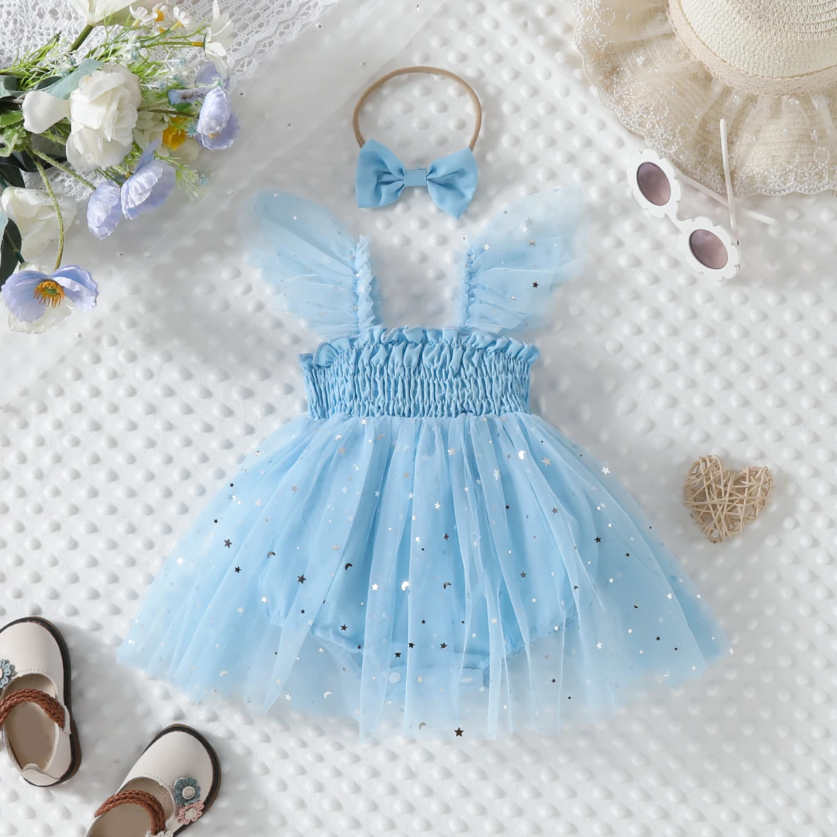 Baby girl strapless dress with wings, small flying shoulders, straps, headwear, stars and moon embellishments, cute and fashiona