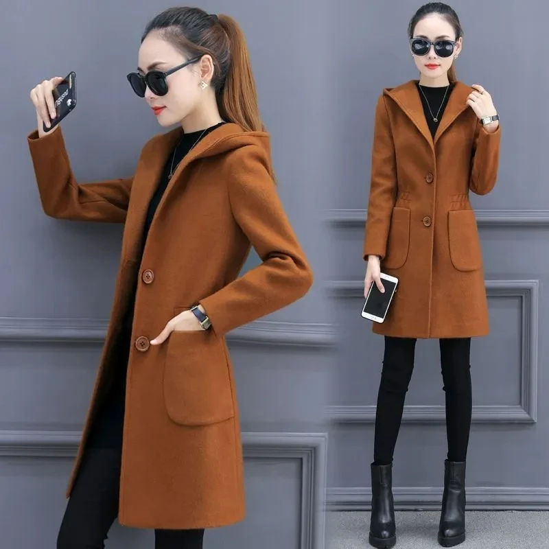 Women\'s hooded trench coat New autumn winter 2023 warm tweed jacket South Korea fashion elegant office ladies long coat