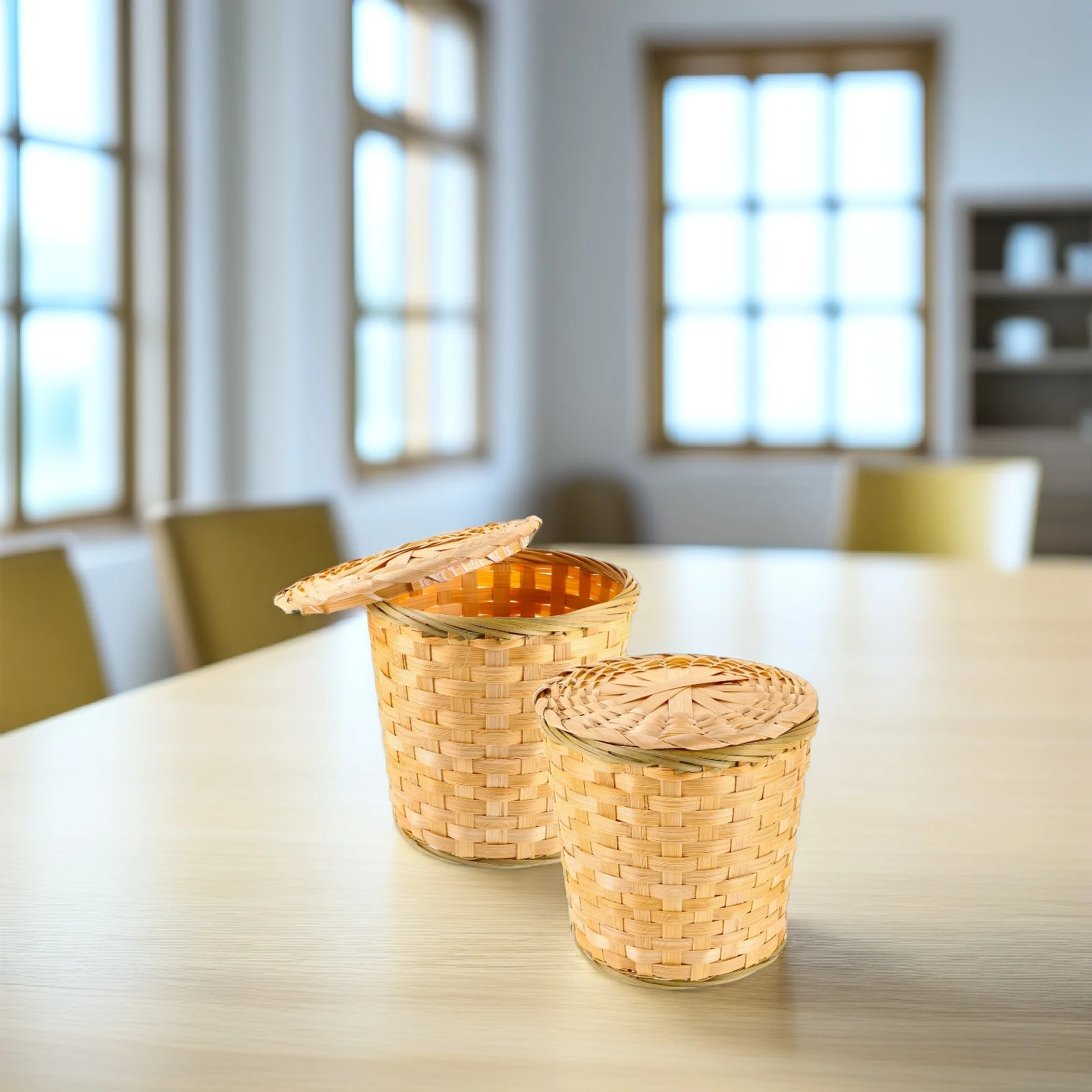 

2pcs Woven Bamboo Basket Storage Container with Lid Handmade Egg Vegetable Fruit Holder Household Trash Can Decorative Tea Leaf