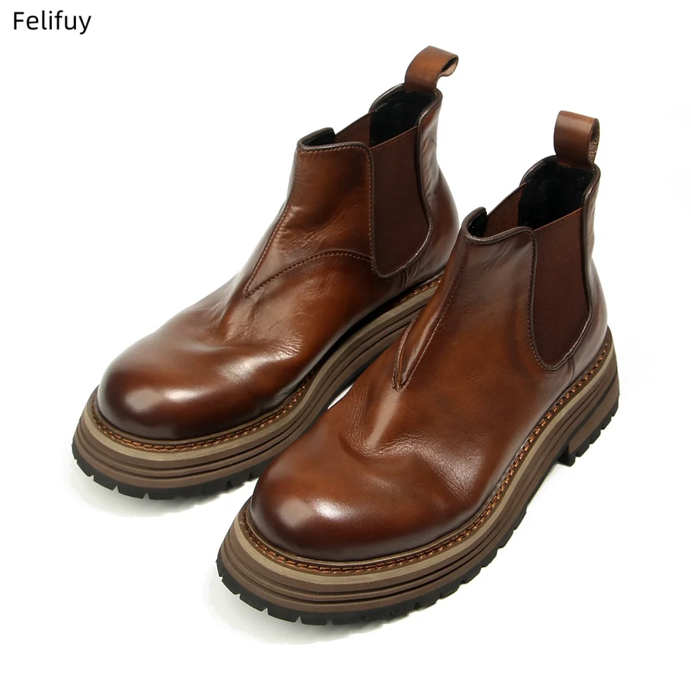 Cowhide Men Chelsea Boots Genuine Leather Men's Boots Vintage Handmade Platform Boots High Quality Men's Ankle Boots Wear-resist
