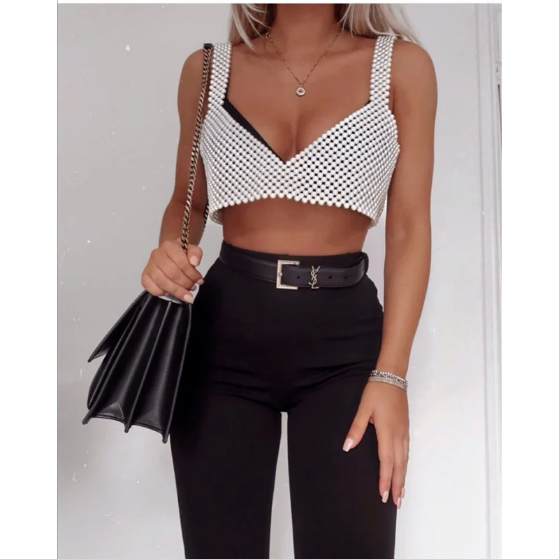 Women Body Jewelry Sexy Bikini Chest chain simulated pearl Handmade Bra chain Tank Top Body Chain Night Club birthday party