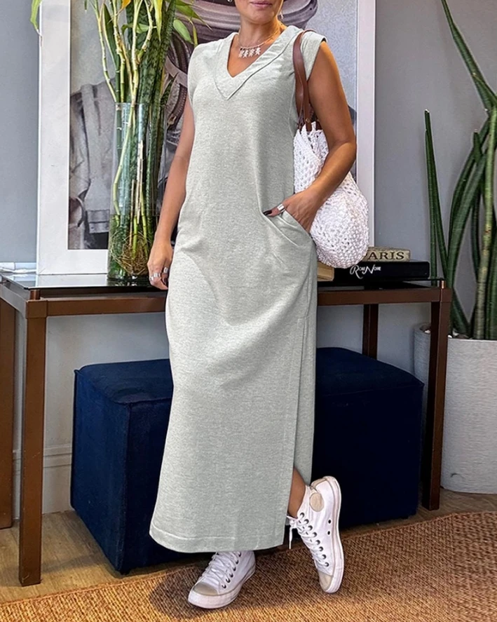 

Casual Women's Dress V Neck Pocket Design Slit Maxi Dress 2024 Summer New Female Fashion Loose Sleeveless Maxi Split Dresses