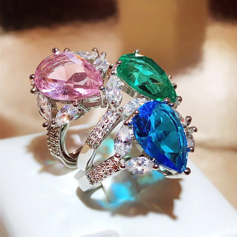 Bunga lapisan ganda kreatif daun Oval safir Pink 925 cincin perak perhiasan pertunangan terbuka wanita dapat disesuaikan