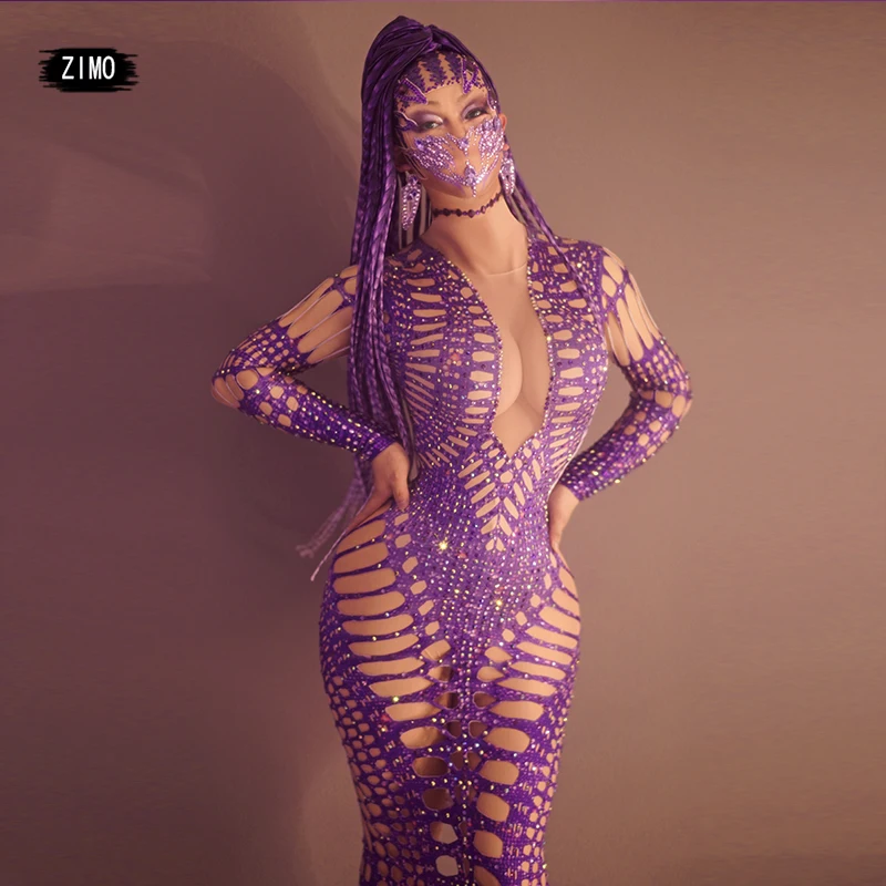 

new arrival purple dress sparkle rhinestones sexy Cut-out dress DS dance birthday outfits for women party club drag queen singer