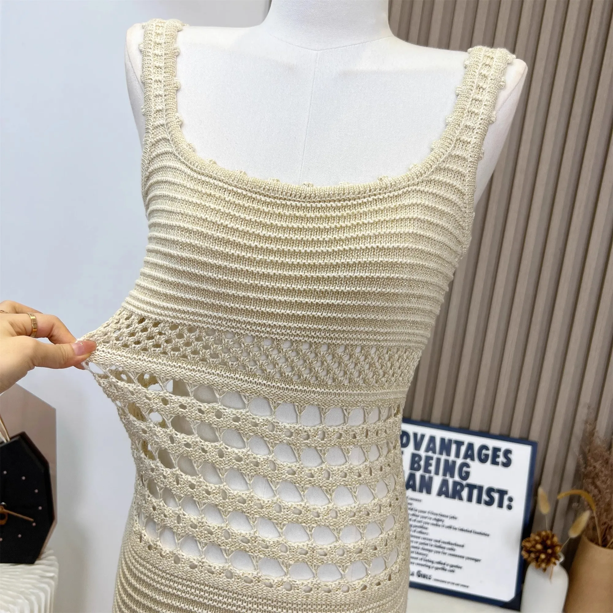 GACVGA Kintted Sexy Bodycon Dress for Women 2022 Summer Sleeveless White Club Party Long Dress Crochet Bikini Cover Up