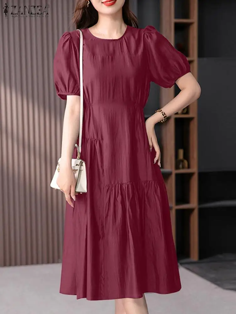 

Модель 2024 года, модное платье ZANZEA с пышными короткими рукавами, корейские плиссированные платья средней длины, Свободные Лоскутные платья, женские летние эластичные платья для ожидания