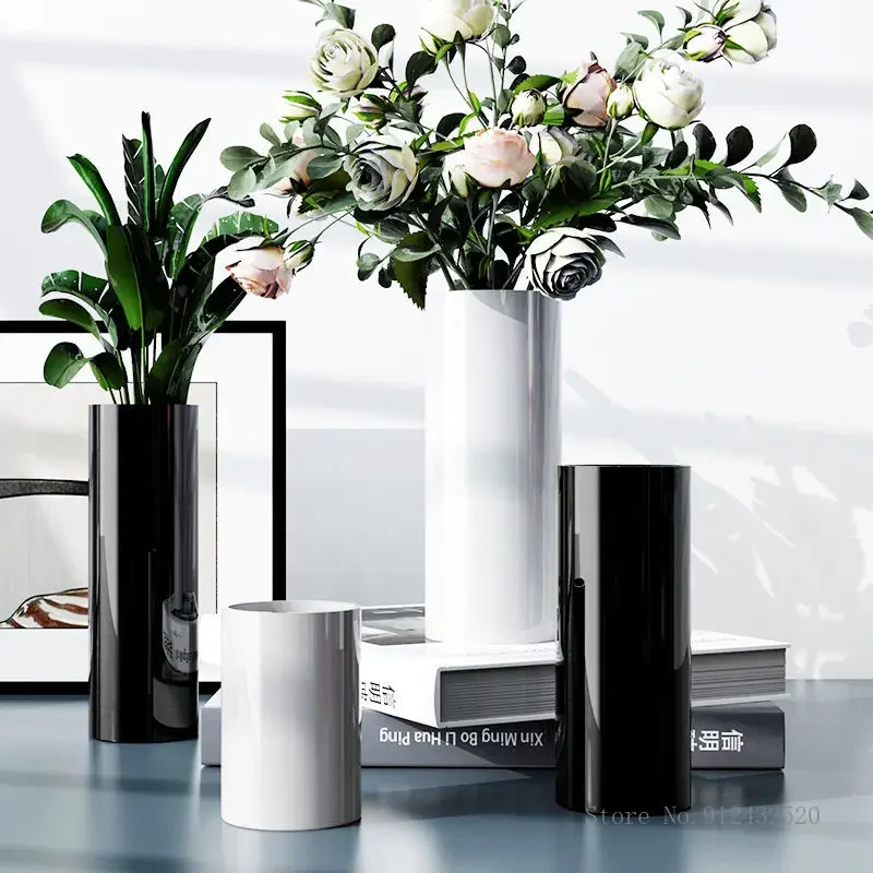 Minimalist style Glass Black/White Flower Arrangement Utensils Home Living Room Art Decoration Straight Tube Hydroponic Vase 1Pc
