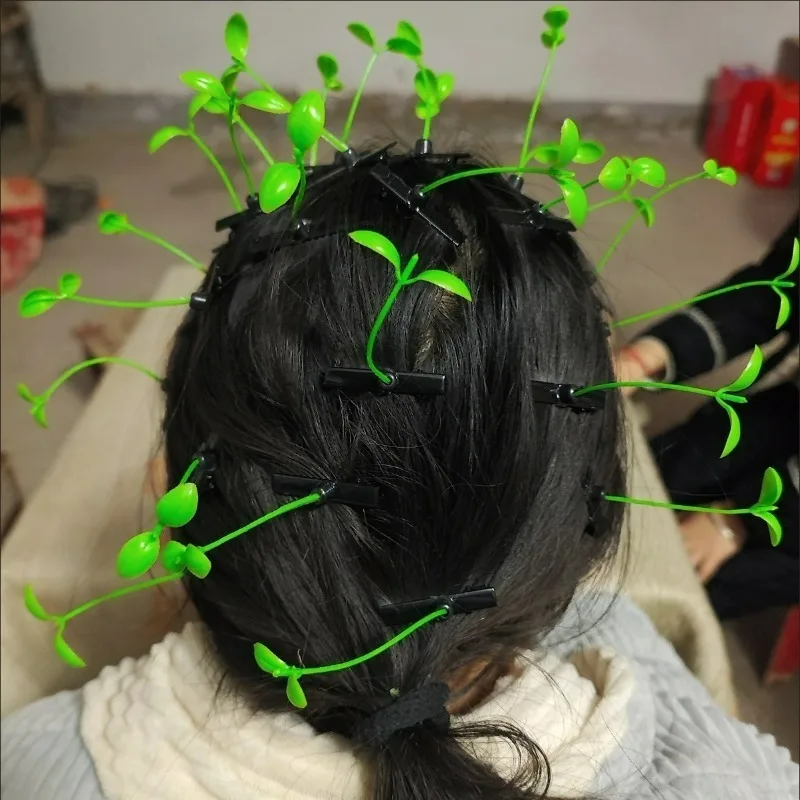 2/50Pcs Green Sprout Grass Hair Clips Funny Grass Style Hairpins Plant Bean Sprout Hair Clips Unisex Prop Cosplay Party Headwear