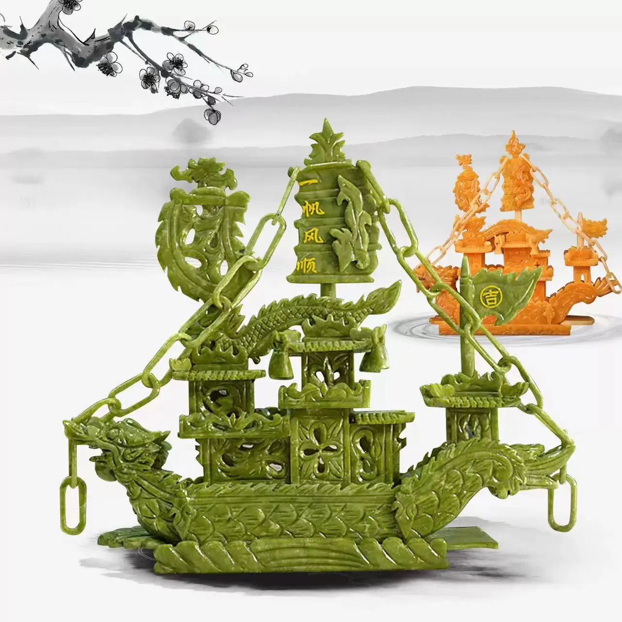 38cm Wholesale Chinese Good Luck jade carved dragon boat crafts fengshui Boat for home decoration