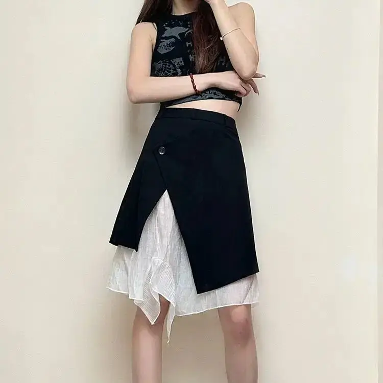 Irregular Fake Two-Piece Black Skirt Women 2025 Spring Summer New Design Retro Versatile Niche Splicing Medium Skirt