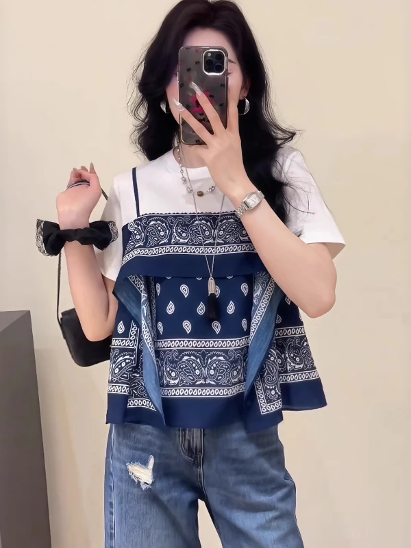 Faionable ort Sve Fake Two-Piece Women's T-irt plus Size Creative Design Korean Sle Loose Fit Summer Top