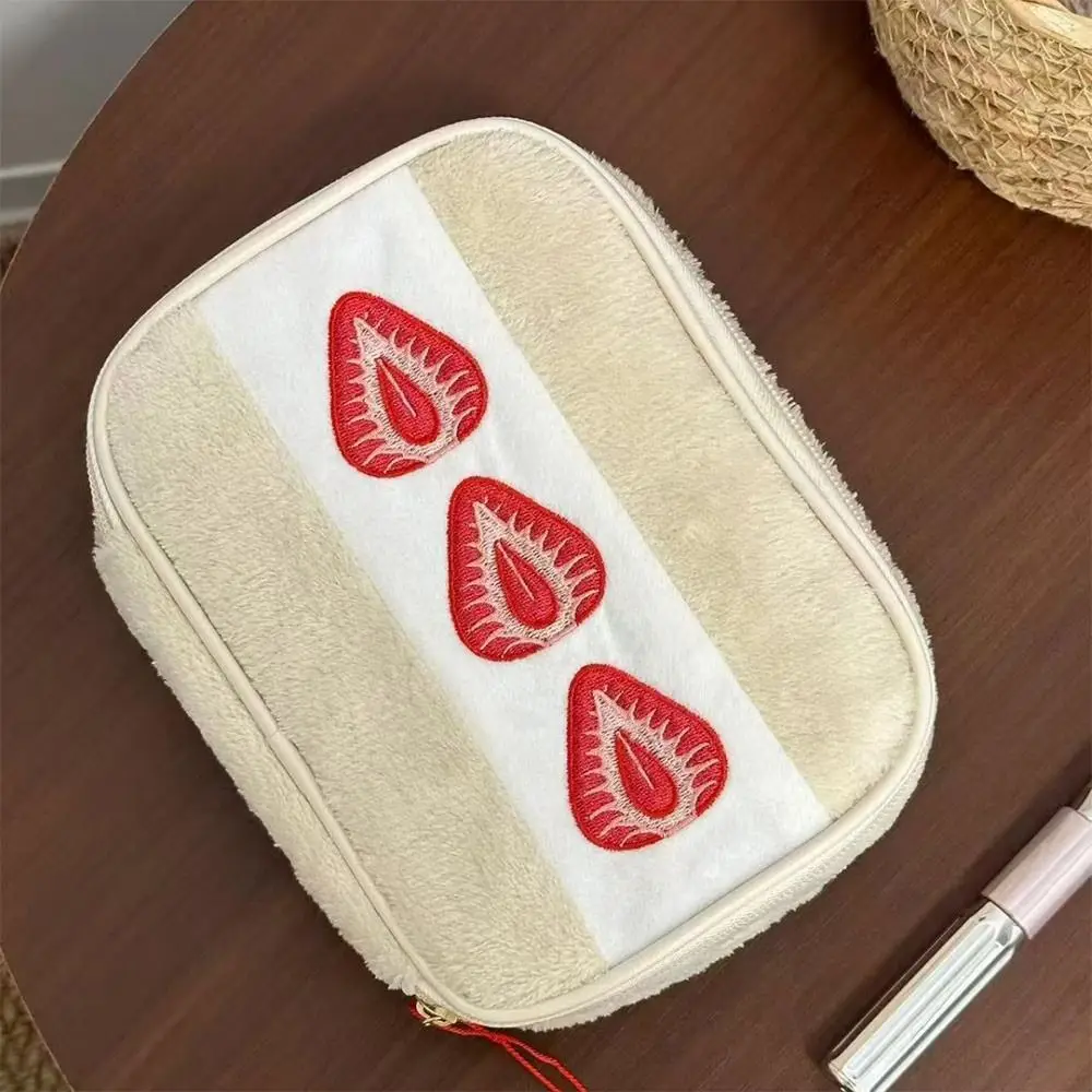 Durable Fuzzy Pen Bag Cute Embroidered Strawberry Sandwich Pencil Case Multi-functional Cosmetic Bag Home Travel