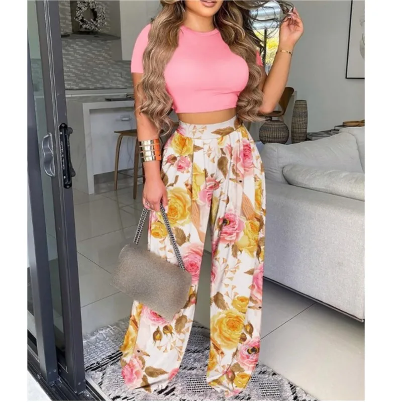 Two Piece Set For Women O-neck Skinny Sexy Tops And Loose Wide Legs Trousers Casual Elegant Daily Lady Outfit 2024 Spring Summer