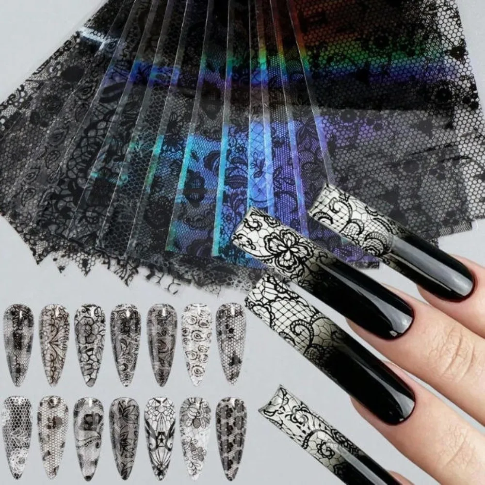 Lace Design Nail Foils Leopard Print Black White Nail Art Stickers Stripe Pattern Sequin Effect Manicure Decals Nail Decoration